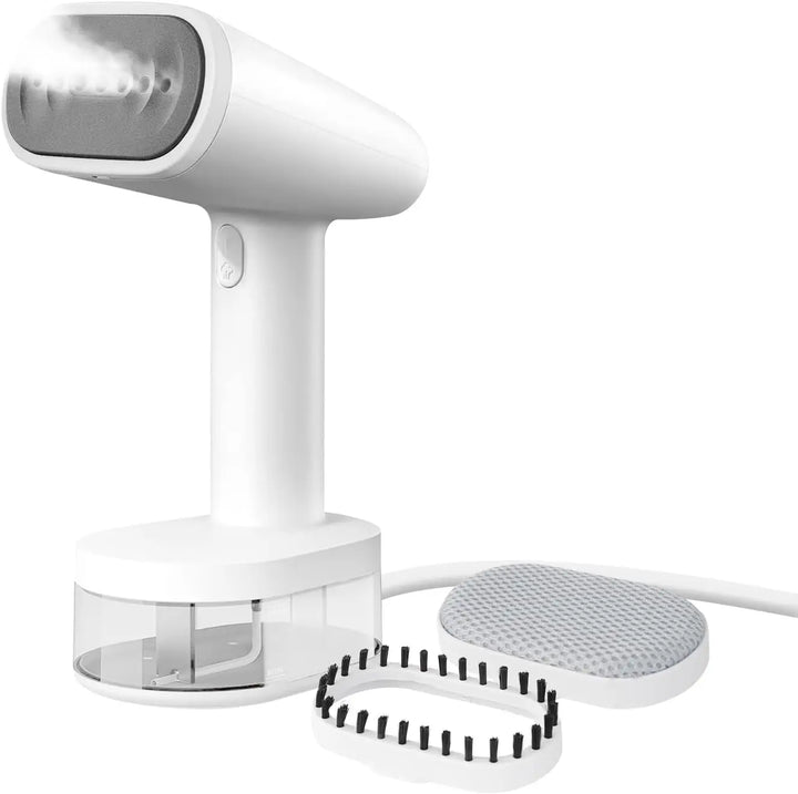 Portable 1500W garment steamer quickly removes wrinkles from clothes, perfect for home and travel.