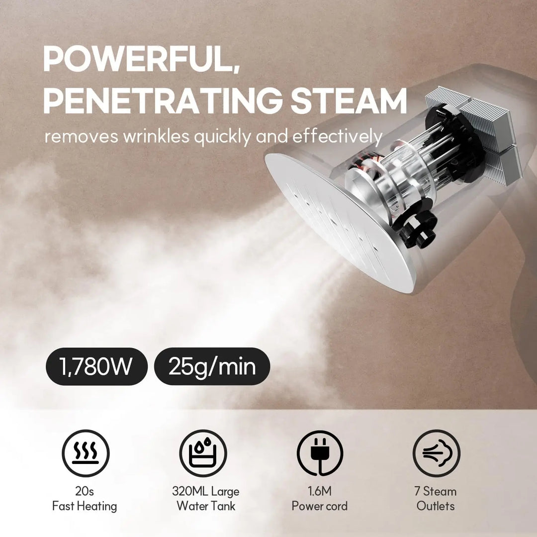 Handheld garment steamer, 1500W, quickly steams wrinkles from shirts, dresses & fabrics for easy fabric care.