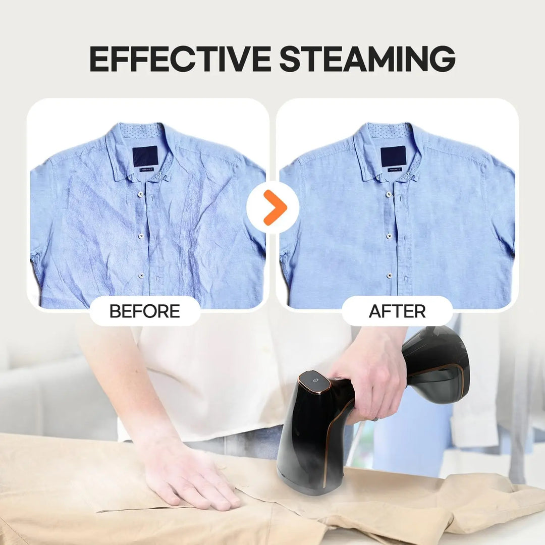 Compact travel steamer, 1500W, for quick wrinkle removal on the go; essential for wrinkle-free clothes.