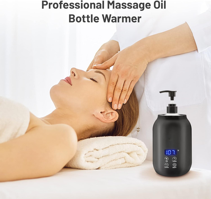 Portable black electric massage oil warmer with digital display, sleek design, compact size, touch controls, max temp 65°C.