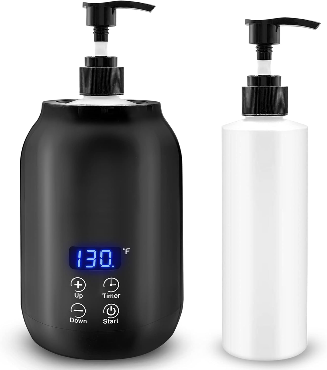 Portable black electric massage oil warmer with digital display, sleek design, compact size, touch controls, max temp 65°C.