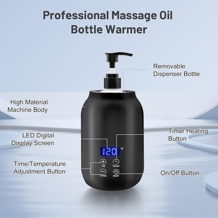 Portable black electric massage oil warmer with digital display, sleek design, compact size, touch controls, max temp 65°C.