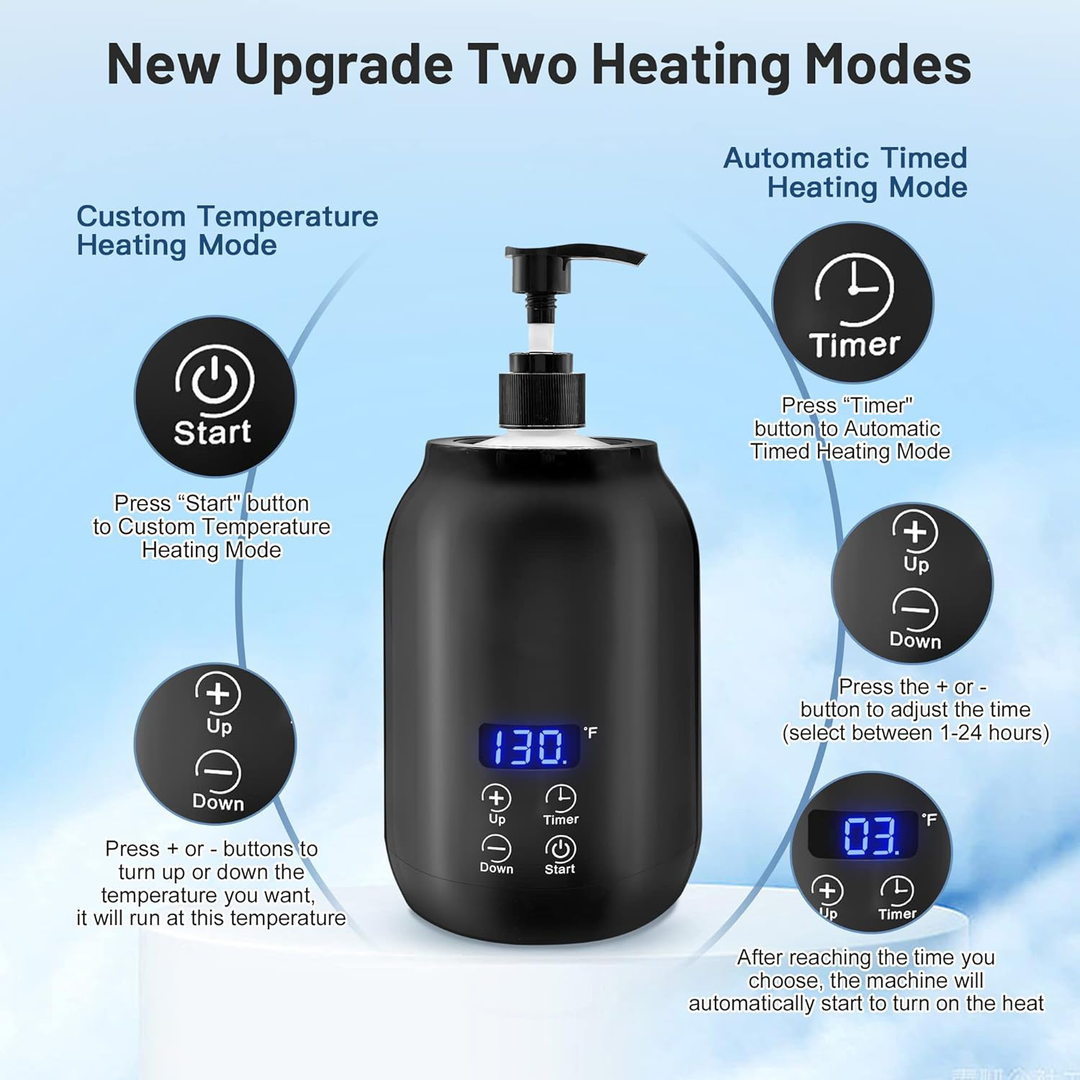 Portable black electric massage oil warmer with digital display, sleek design, compact size, touch controls, max temp 65°C.