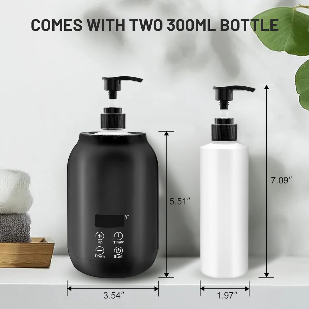 Portable black electric massage oil warmer with digital display, sleek design, compact size, touch controls, max temp 65°C.