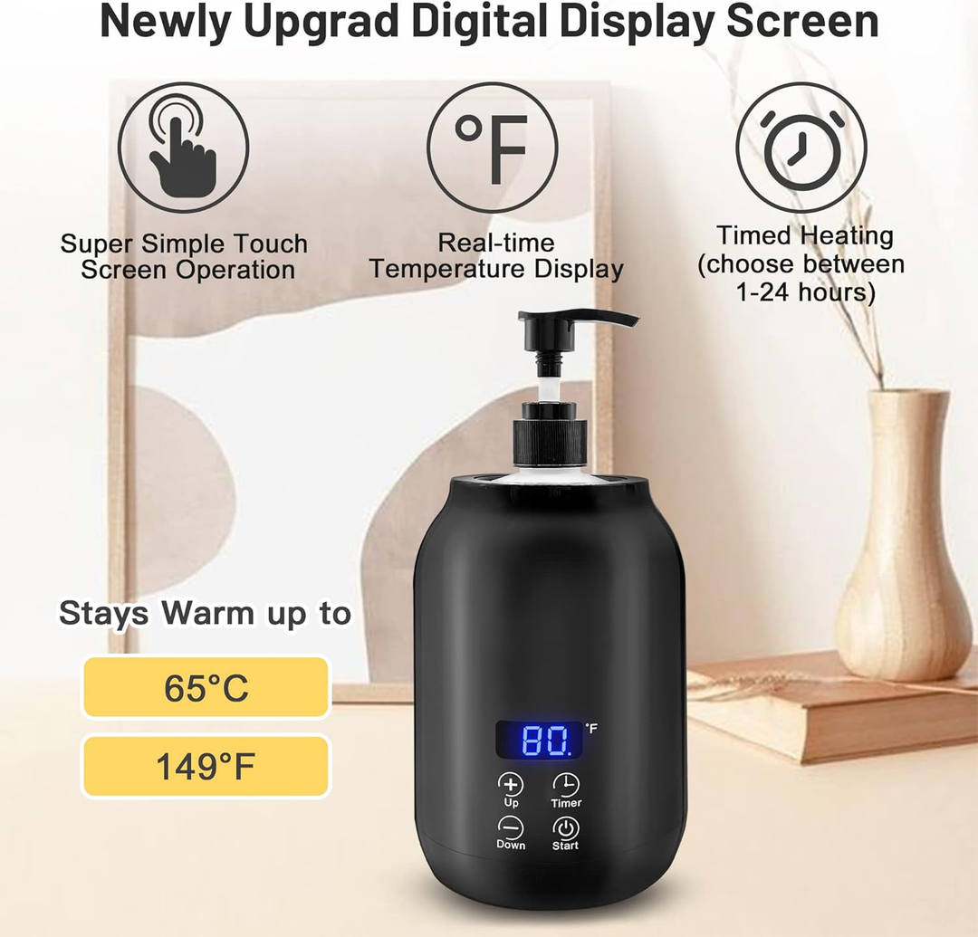 Portable black electric massage oil warmer with digital display, sleek design, compact size, touch controls, max temp 65°C.