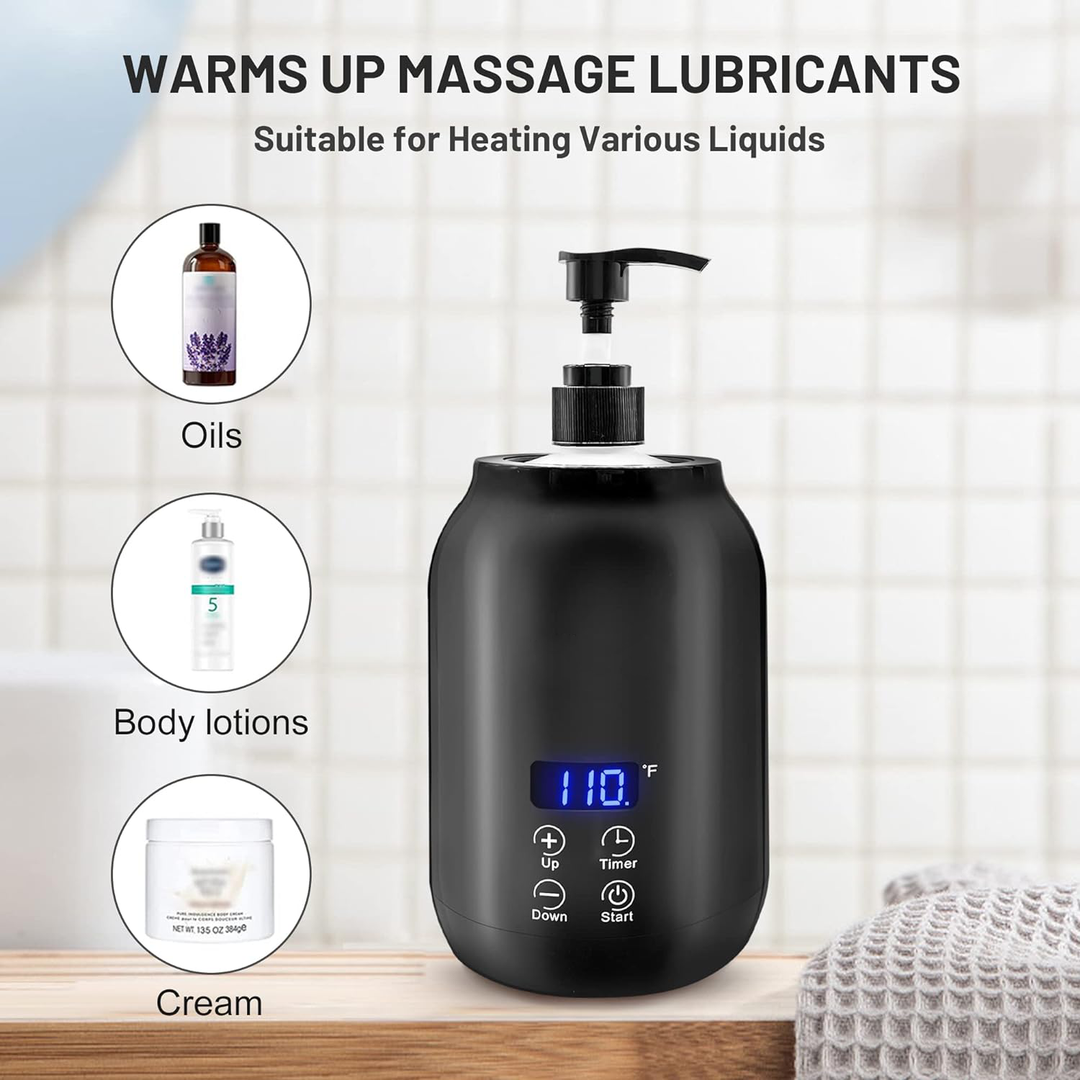 Portable black electric massage oil warmer with digital display, sleek design, compact size, touch controls, max temp 65°C.