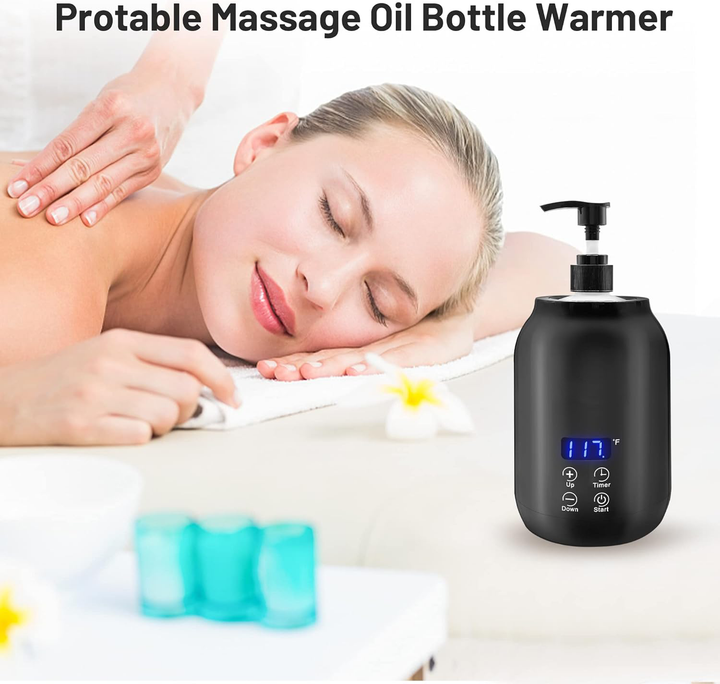 Portable black electric massage oil warmer with digital display, sleek design, compact size, touch controls, max temp 65°C.