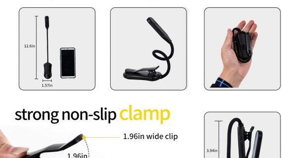 Portable black reading lamp with adjustable clamp, three color modes, and long battery life for custom lighting solutions.