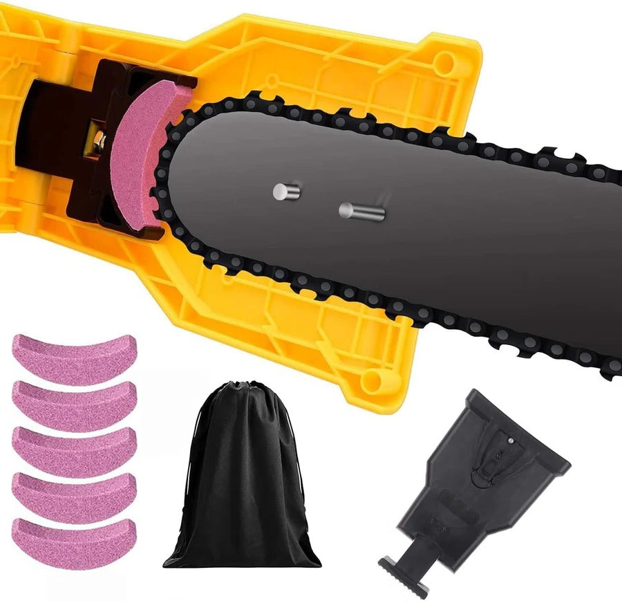 Handheld chainsaw blade sharpener, ideal for outdoor wood cutting & gardening tasks.