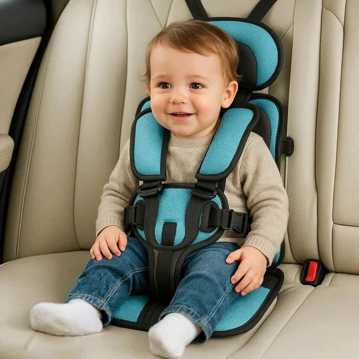 Lightweight child portable booster seat with a 5-point safety harness for kids' travel safety.
