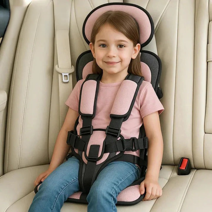 Space-saving foldable child travel seat with 5-point safety harness; perfect car accessory for families.