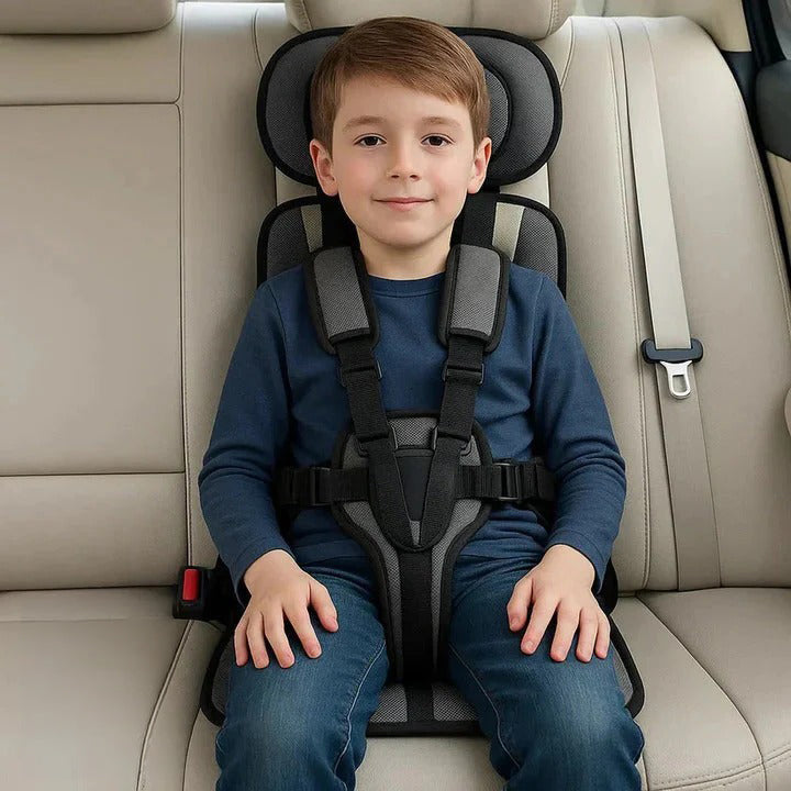 Adjustable portable child car seat with 5-point safety harness, adapts for growing children's travel.
