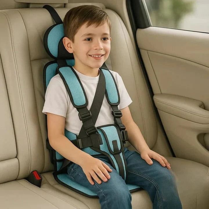 On-the-go child car booster seat with 5-point harness, perfect for easy family travel & car safety.