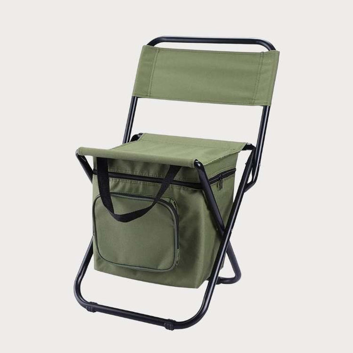 Portable folding outdoor chair with insulated cooler, perfect for camping, fishing, and picnics.