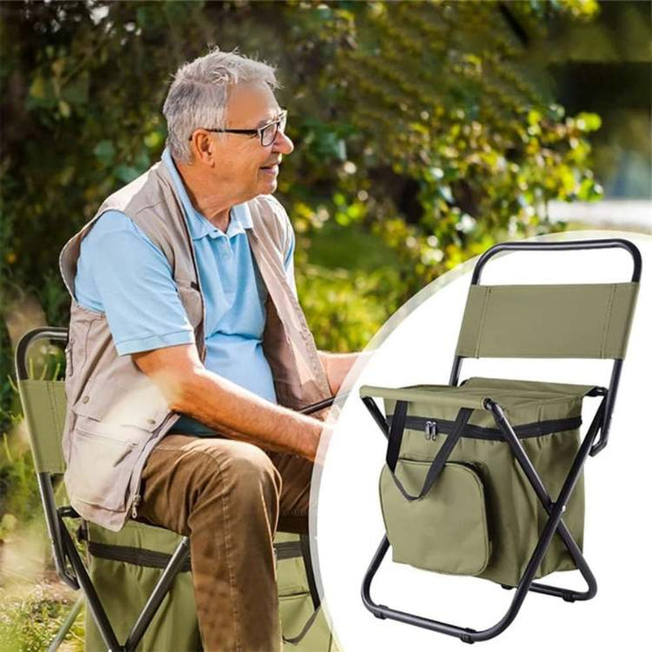 Green portable camping chair with built-in insulated cooler bag, ideal for outdoor adventures.