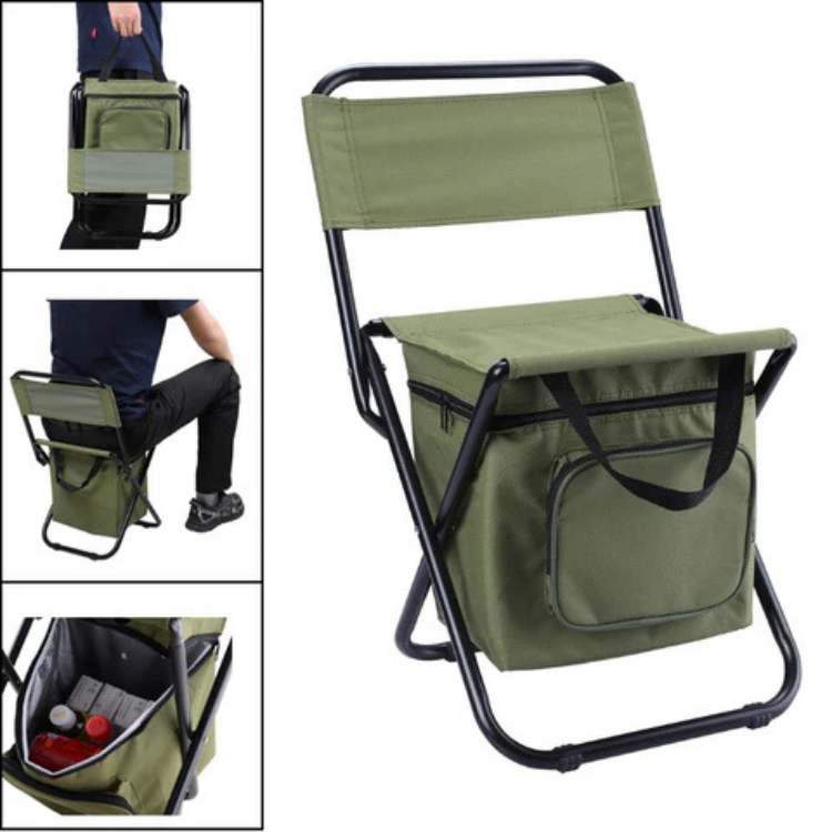 Blue lightweight folding beach chair with a convenient built-in cooler for drinks & snacks.