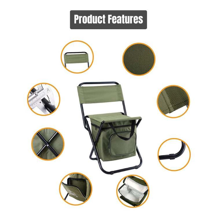 Lightweight travel folding chair with cooler, perfect for camping, fishing, picnics, and beach trips.