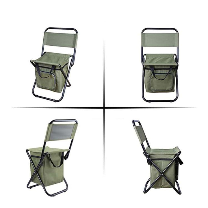 Camo portable fishing chair with a built-in cooler, durable and comfortable for anglers.