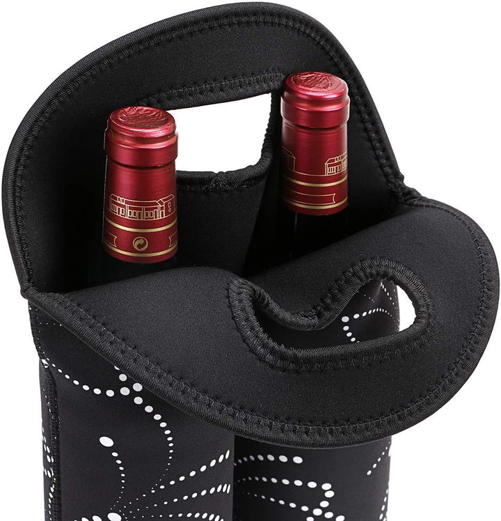 Portable drink carrier, holds two wine bottles securely.