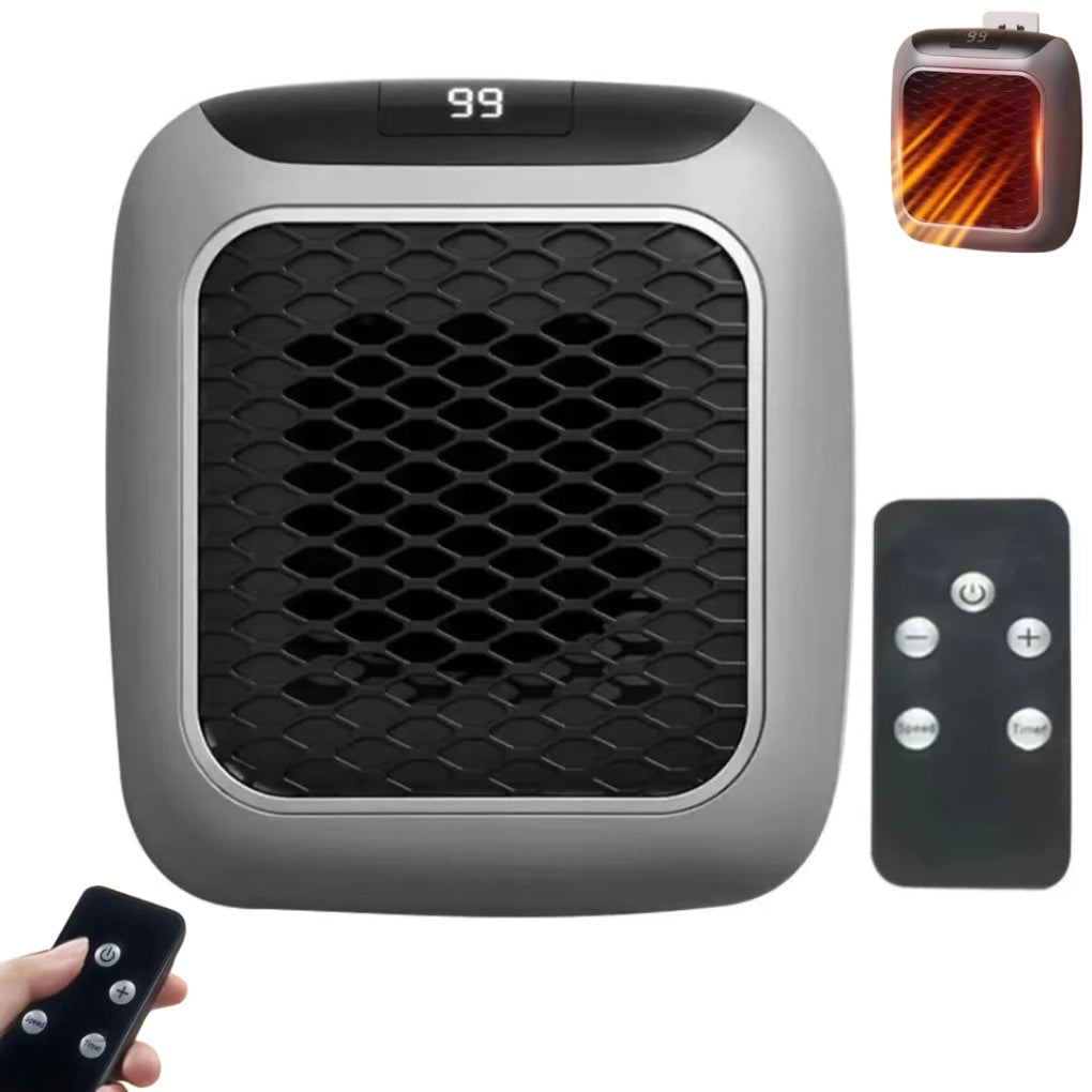 Portable plug-in electric heater with remote control, ideal for home or office supplemental heating.