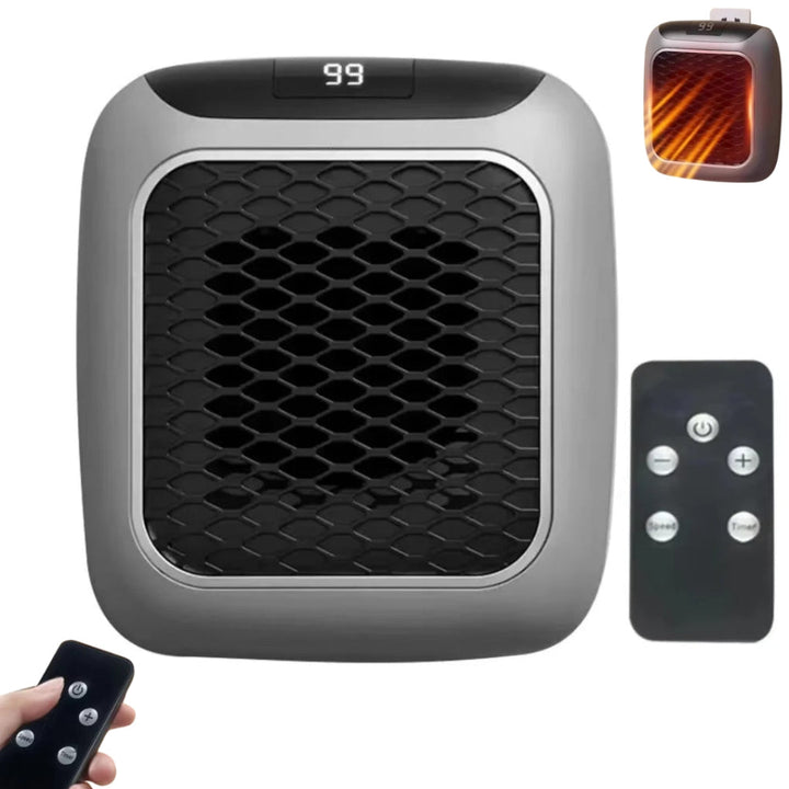 Portable plug-in electric heater with remote control, ideal for home or office supplemental heating.