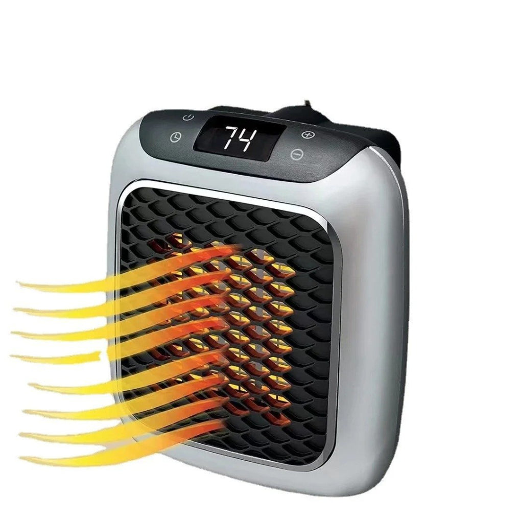 Compact grey electric space heater, portable and plug-in, with remote for easy temperature adjustment.