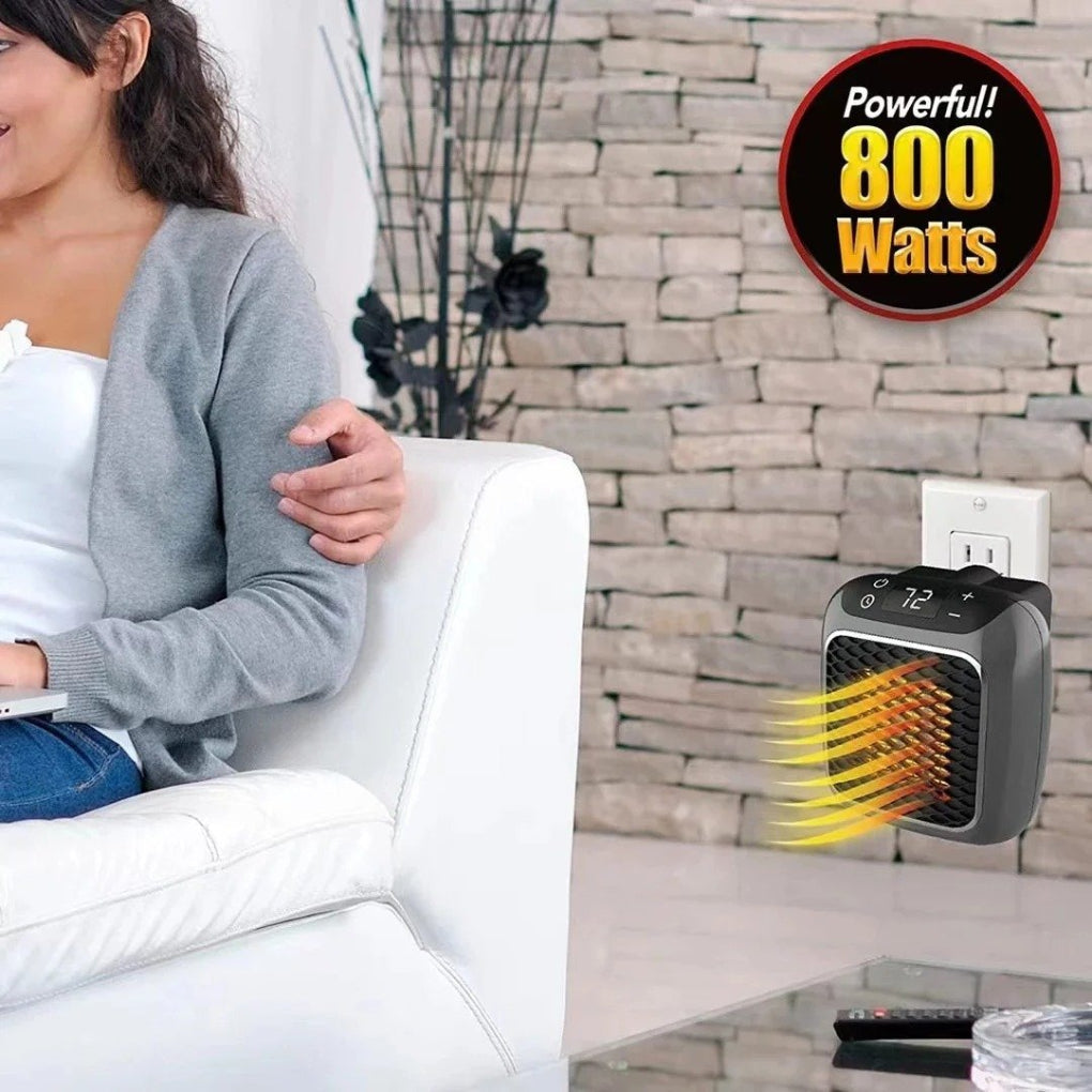 Versatile portable electric heater for home or office, compact plug-in design with a handy remote control.