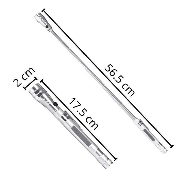 Portable telescopic magnetic LED flashlight with flexible neck, durable metal body, and luminous LEDs for versatile use.