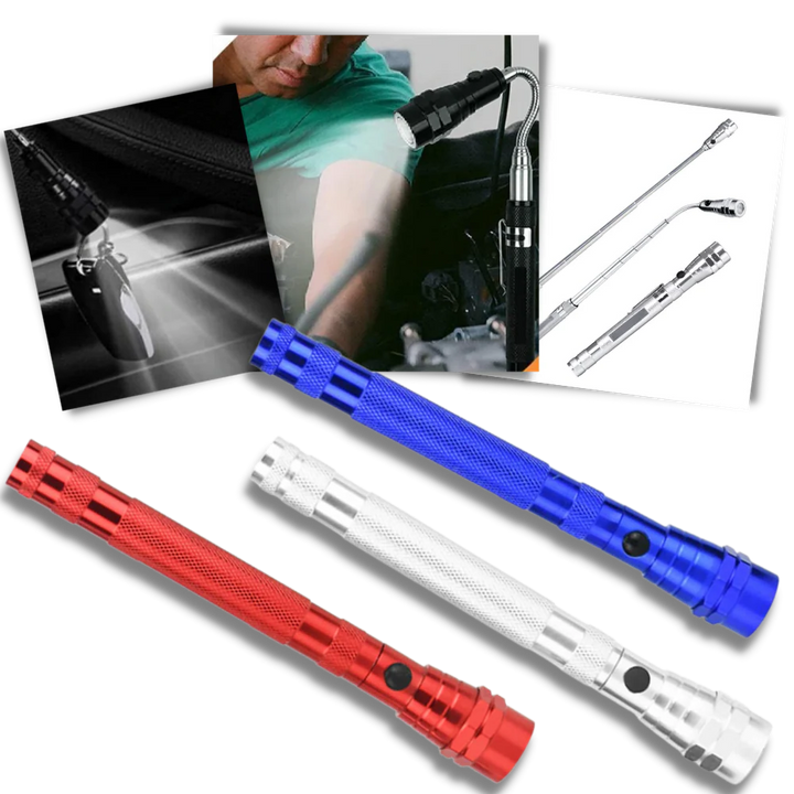 Portable telescopic magnetic LED flashlight with flexible neck, durable metal body, and luminous LEDs for versatile use.