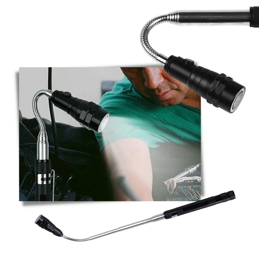 Portable telescopic magnetic LED flashlight with flexible neck, durable metal body, and luminous LEDs for versatile use.