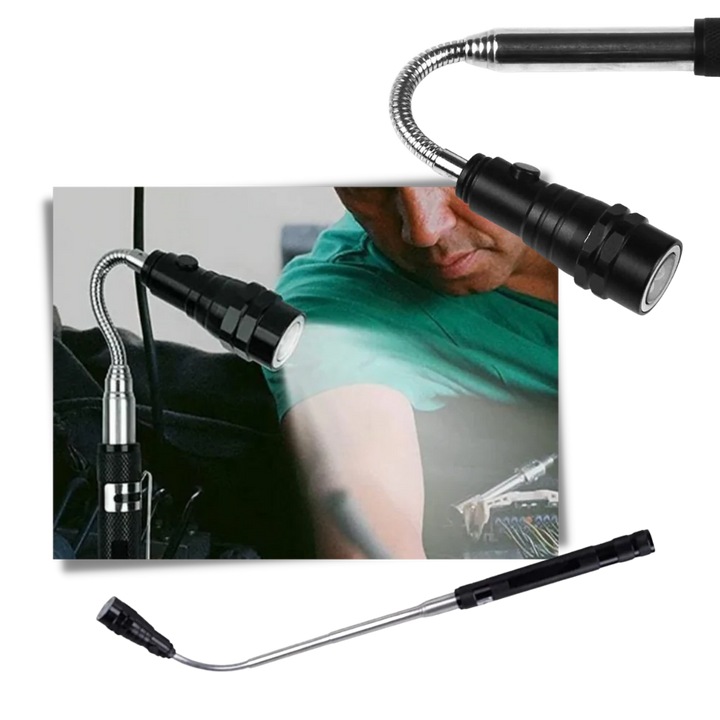 Portable telescopic magnetic LED flashlight with flexible neck, durable metal body, and luminous LEDs for versatile use.