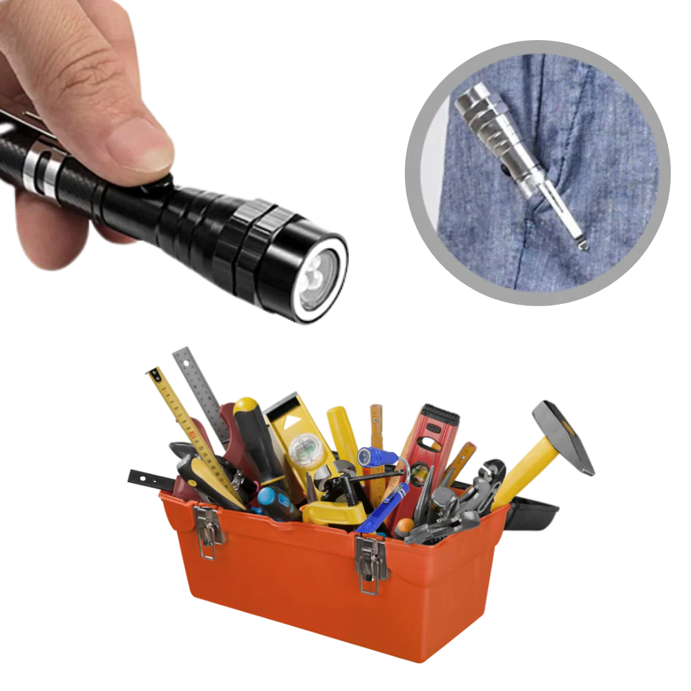 Portable telescopic magnetic LED flashlight with flexible neck, durable metal body, and luminous LEDs for versatile use.