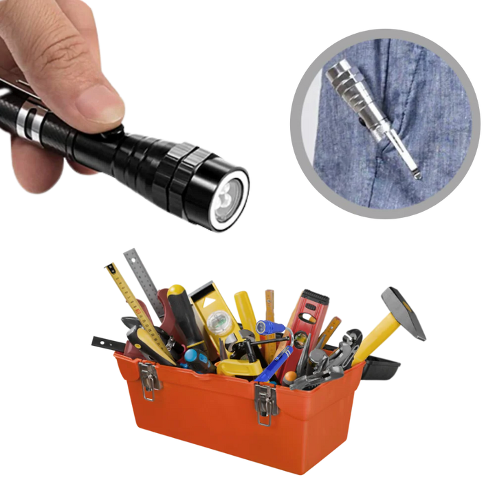 Portable telescopic magnetic LED flashlight with flexible neck, durable metal body, and luminous LEDs for versatile use.