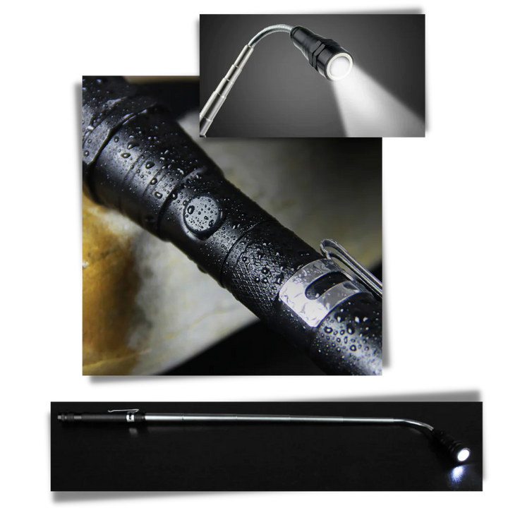 Portable telescopic magnetic LED flashlight with flexible neck, durable metal body, and luminous LEDs for versatile use.
