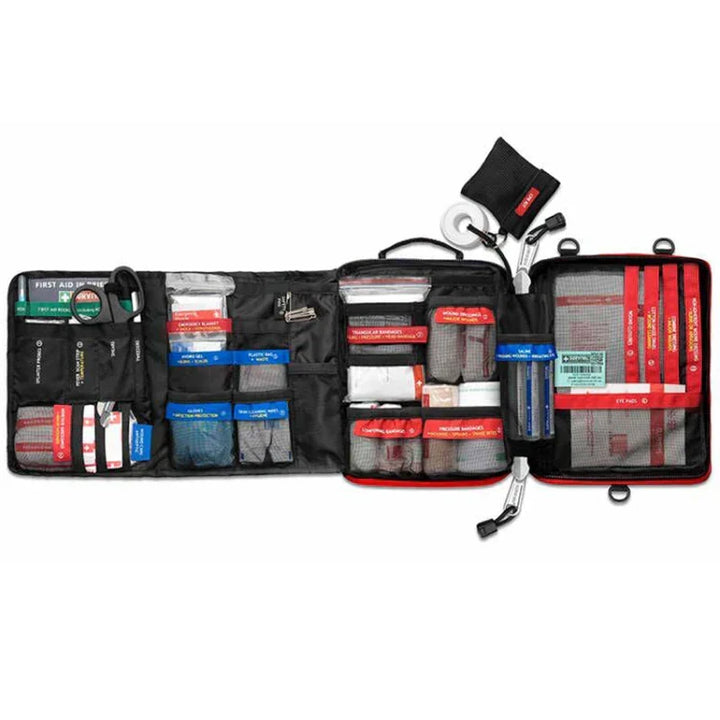 Waterproof portable first aid kit, essential for emergency preparedness, outdoor gear, camping, hiking, and travel safety.