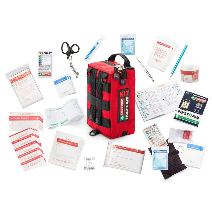 Rugged waterproof first aid kit, ideal emergency medical gear for camping, hiking, travel, and car safety preparedness.