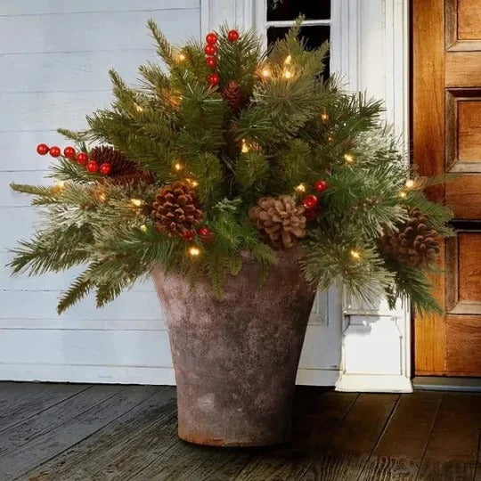 Pre-lit LED holiday urn filler with evergreen foliage, perfect for festive indoor or outdoor Christmas decor.
