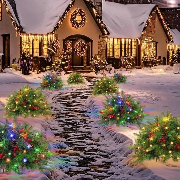 Outdoor pre-lit LED Christmas urn filler, weatherproof evergreen decoration for porch, patio, or garden.