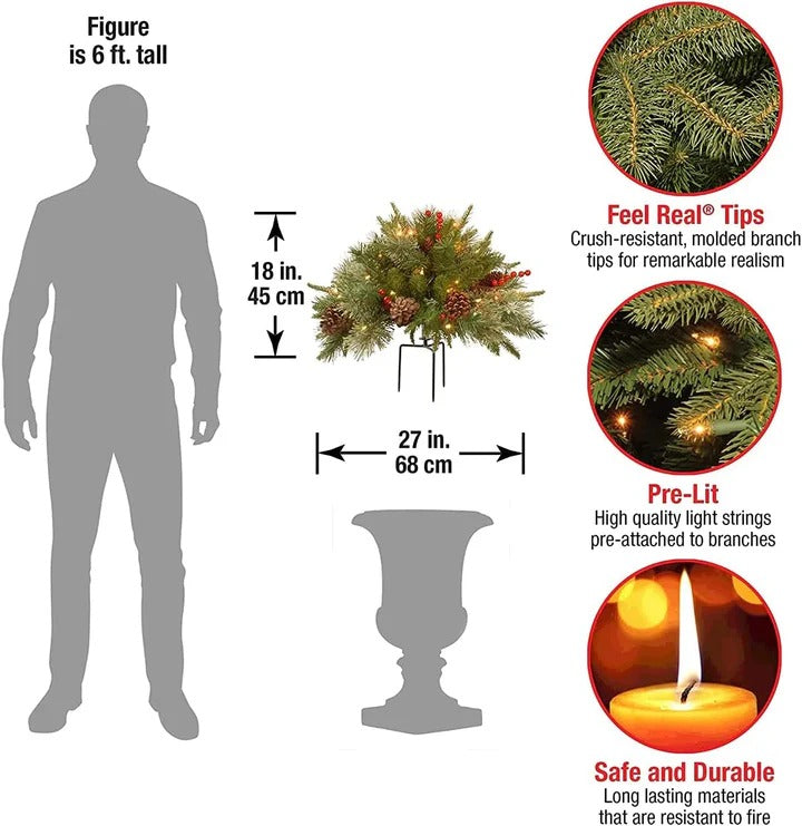 Bright pre-lit LED holiday urn filler, a dazzling Christmas decoration featuring long-lasting, energy-efficient lights.