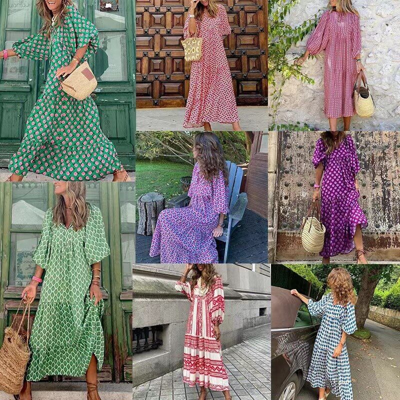 Comfortable short sleeve printed maxi dress for women, flowy and elegant for summer.