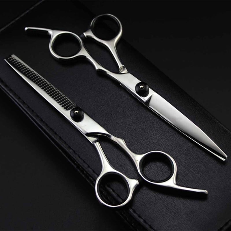 Professional 6-inch hair cutting scissors set with black finish, ergonomic design, includes thinning and cutting scissors.