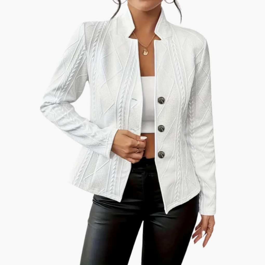 Elegant black women's lapel blazer. Chic single-button tailored jacket for professional work and stylish wear.