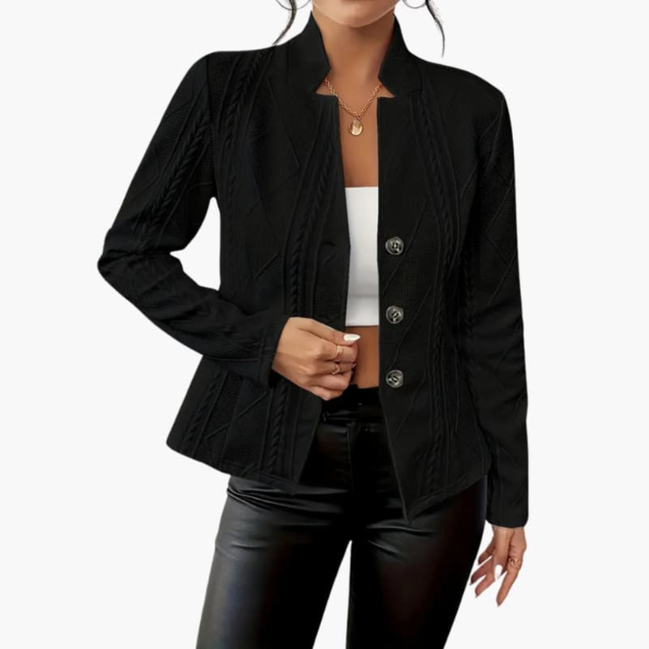 Modern women's lapel blazer. Smart casual tailored jacket, ideal for professional meetings and stylish workwear.
