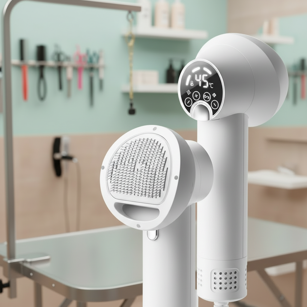Quiet pet grooming dryer & gentle brush for dogs and cats. Efficient pet hair drying and de-shedding tool.