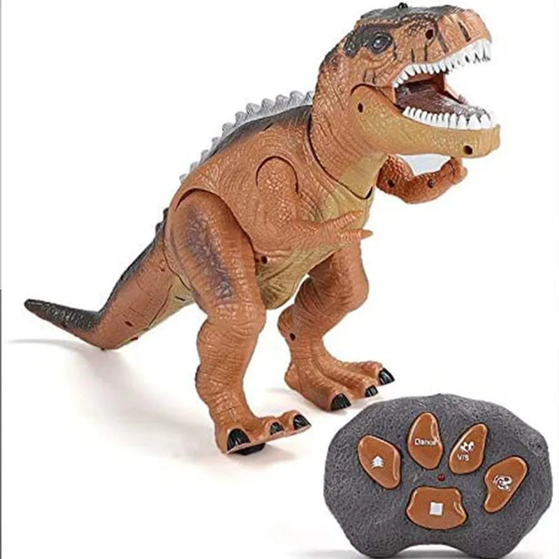 Close-up of the RC T-Rex dinosaur head, showing detailed scales, sharp teeth, and bright LED eyes.