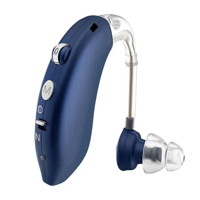 Compact rechargeable hearing aid & sound amplifier. Offers clear, amplified sound with a comfortable universal fit.