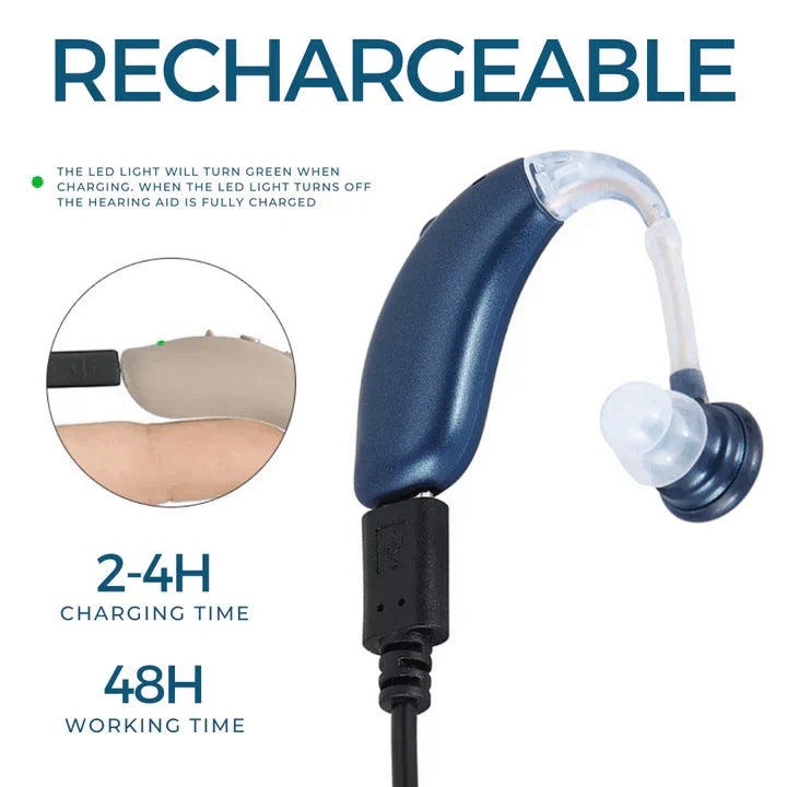Easy-to-use rechargeable ear device. Delivers clear sound with universal fit, a discreet hearing solution.
