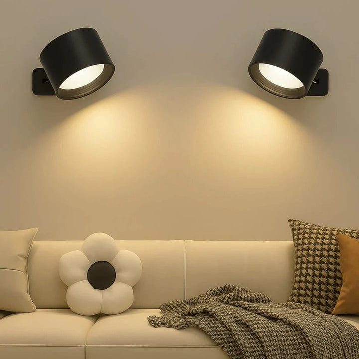 Cordless magnetic wall lamp, 360° rotating LED light with touch control for home decor.