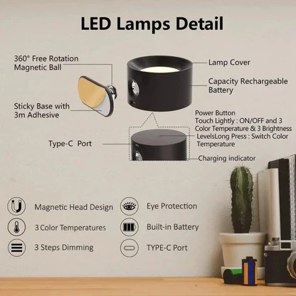 Modern cordless LED wall light, 360-degree rotating head, touch dimmable, USB rechargeable.