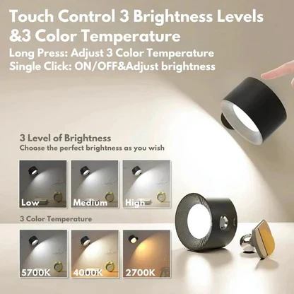 Wireless magnetic wall sconce, 360° swiveling LED lamp, USB-C rechargeable for convenience.